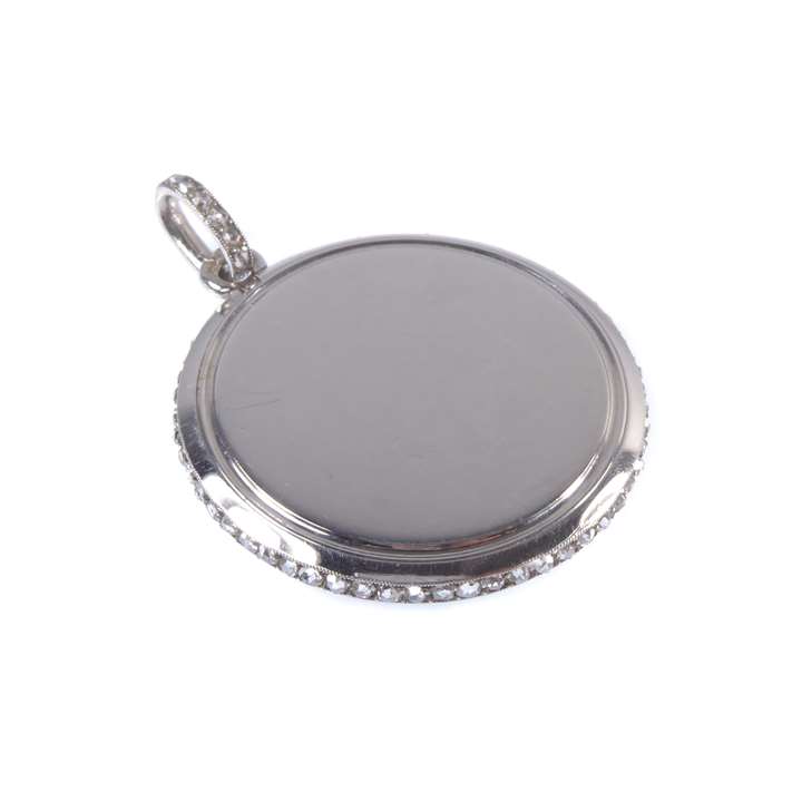 Platinum and rose cut diamond round pendant locket with workshop mark for Edmond Jaeger